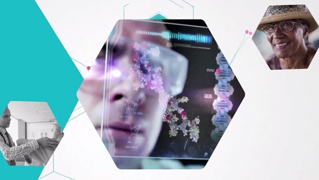 DNA helix structure displayed on screen with a doctor interacting with a patient